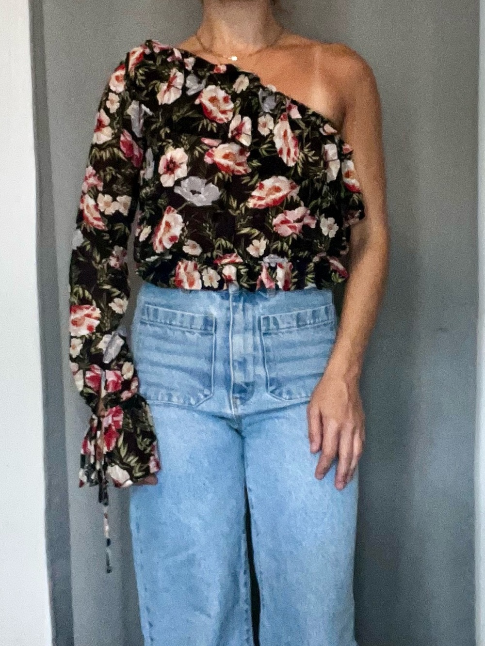 Tularosa Black Floral One-Shoulder Camisole